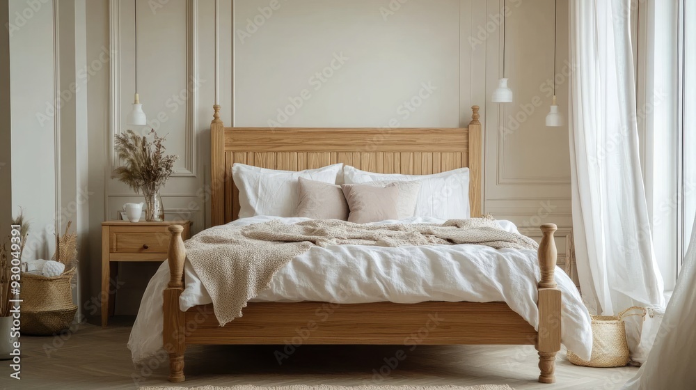 A middle-style bed with a wooden frame, set against a backdrop of soft, muted tones. A middle-style bed with a wooden frame, set against a backdrop of soft, muted tones.