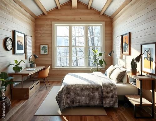 Elevation rendering of a Z-shaped study table with built-in wall seating in a simple cabin bedroom. The room boasts a bed, lovely accents, and thriving houseplants. Abundant natural light from an expa