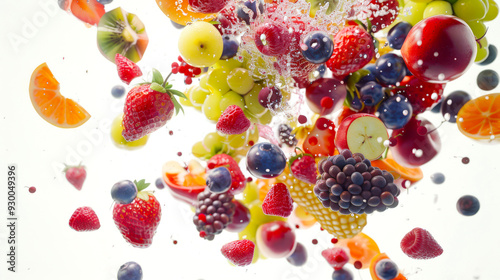 A fruit and berry explosion on a white background. Tropical fruits and wild berries of different colors and sizes are scattered throughout the image