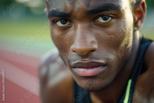 African-American serious athlete looking into camera after intensive workout putside. Strong muscular man bodybuilder sweating, sport fitness training photo