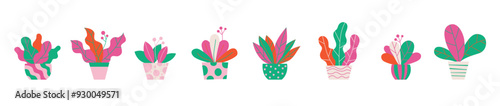 Set of colorful flowers in pots, home and office interiors, indoor decor. Home grown flowers, simple flat illustration, design for banner and poster. Collection of houseplants