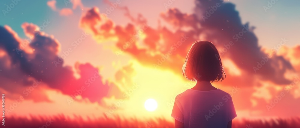 Obraz premium Person facing sunset, sky backdrop, clouds above