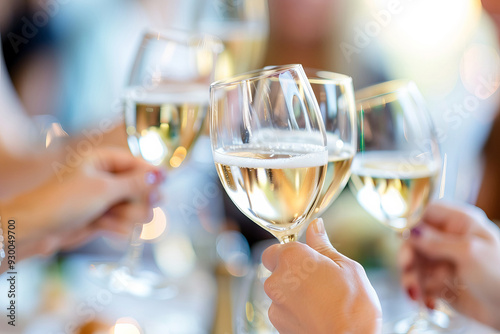 close up of People toasting with glasses of white wine in a celebratory gathering