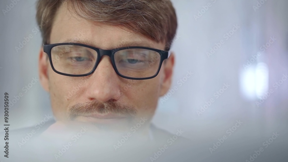 Businessman with glasses looking intently obscured partially by a translucent surface of laptop. Business concept Businessman with glasses looking intently obscured partially by a translucent surface of laptop. Business concept