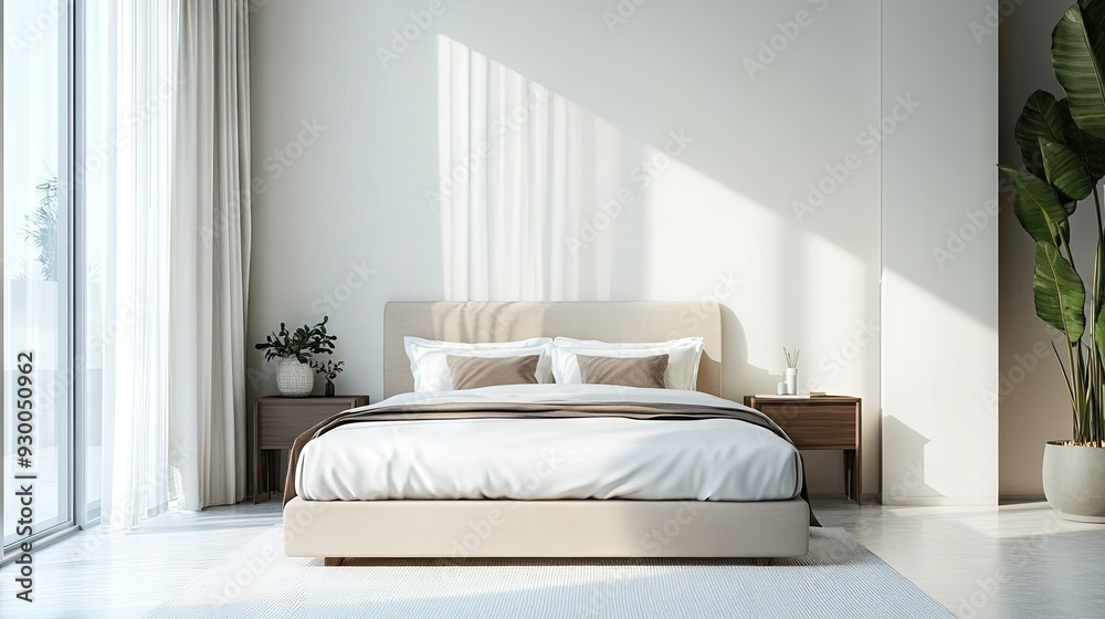 A minimal style bed with clean lines and neutral colors, set in a bright and airy bedroom. A minimal style bed with clean lines and neutral colors, set in a bright and airy bedroom.