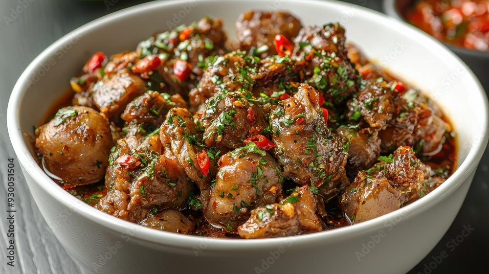 A white bowl filled with spicy and flavorful chicken gizzards