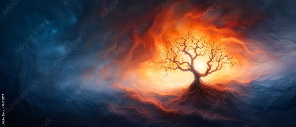  A tree silhouetted against a dark night sky, emitting a radiant orange glow