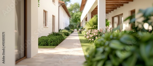 Fototapeta Naklejka Na Ścianę i Meble -   A walkway between two structures, flanked by blooming flowers and lush greenery on each side Adjacent building entrance visible