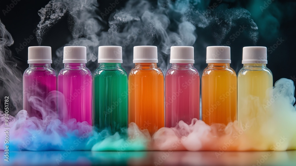 A row of colorful bottles with a white cap, one of which is labeled A row of colorful bottles with a white cap, one of which is labeled