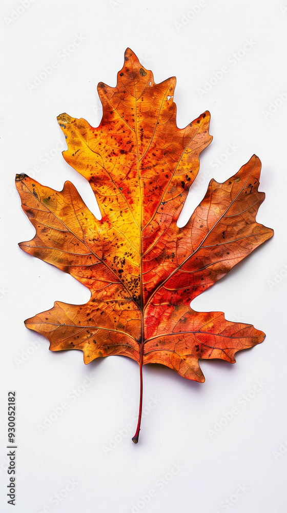 Fototapeta premium Aesthetic oak leaf with vibrant autumn colors, copy space, white background, presentation template. Generative AI