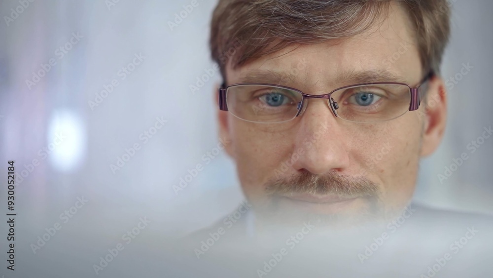Businessman with glasses looking intently obscured partially by a translucent surface of laptop. Business people concept Businessman with glasses looking intently obscured partially by a translucent surface of laptop. Business people concept
