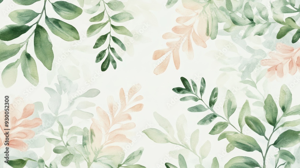 A soft watercolor pattern featuring various green and peach leaves on a light background. A soft watercolor pattern featuring various green and peach leaves on a light background.