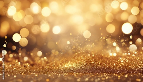 golden glitter spatter are bokeh lighting texture blurred abstract background for anniversary celebration