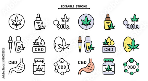 Cannabis related icons set. Editable stroke. Cannabidiol flat icons collection. Marihuana vector signs and symbols collection.
