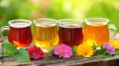 A table with four different colored glasses of tea and flowers. The flowers are pink and yellow photo