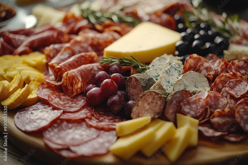 Close-up of a charcuterie board with various meats, cheeses, grapes, and herbs, perfect for appetizers or wine pairing Close-up of a charcuterie board with various meats, cheeses, grapes, and herbs, perfect for appetizers or wine pairing