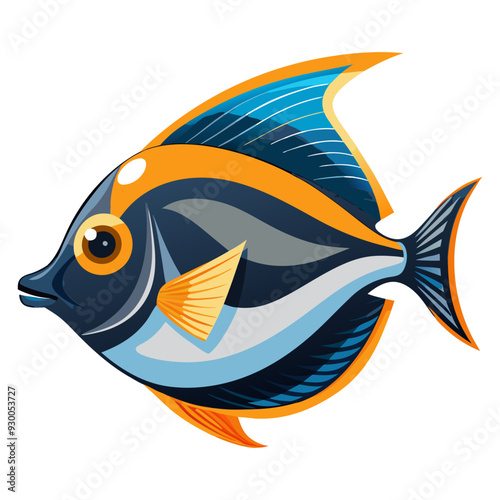 Cute cartoon-style vector art of a blue tang surgeonfish underwater, in flat style with a pretty fish icon.