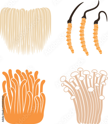 Medicinal mushrooms logo. Cordyceps militaris mushrooms, Lion's mane mushroom, Japanese Enoki