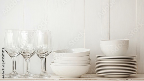 Elegant Clean Dishware and Glasses on White Wooden Table