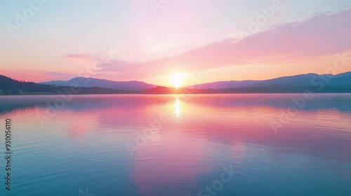 A beautiful sunset over a calm lake with mountains in the background