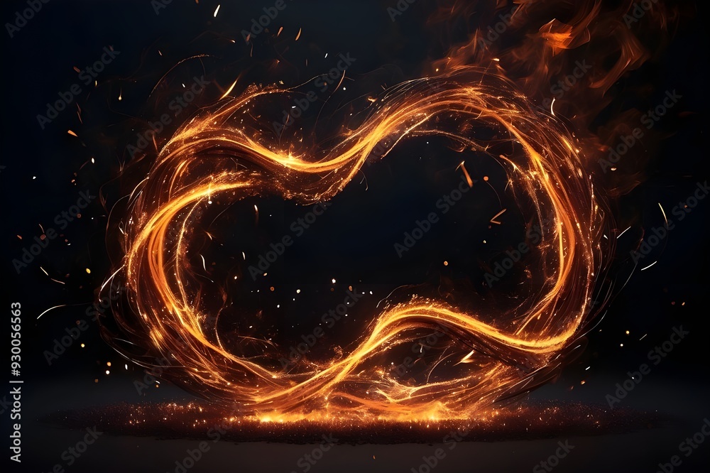 Fototapeta premium A unique and dynamic fire frame, with sparks dancing and swirling around a dark, isolated center, creating a mesmerizing and visually stunning image.