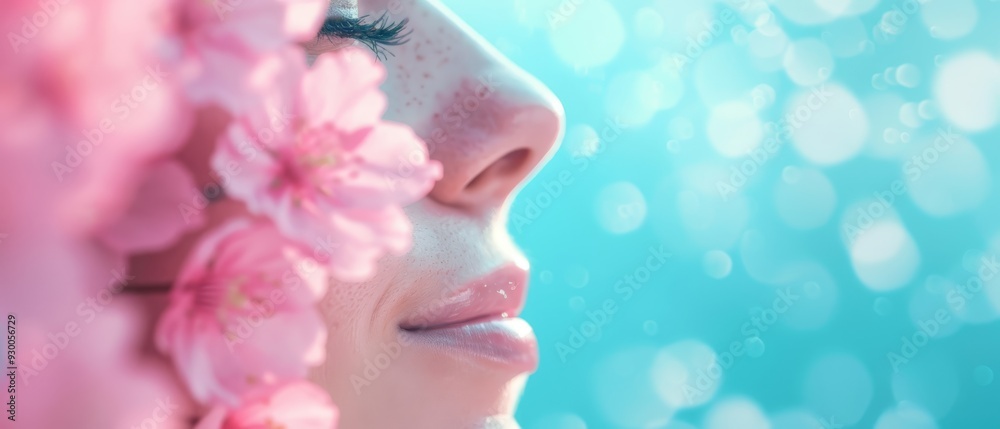 A tight shot of a woman's face adorned with pink blossoms in her tresses, set against a blue backdrop blurred softly A tight shot of a woman's face adorned with pink blossoms in her tresses, set against a blue backdrop blurred softly