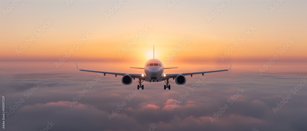 A large jetliner flies through a cloudy sky with the sun peeking from before it, casting rays of light A large jetliner flies through a cloudy sky with the sun peeking from before it, casting rays of light