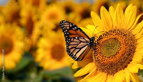 a beautiful monarch butterfly danaus plexippus amidst yellow sunflowers photo