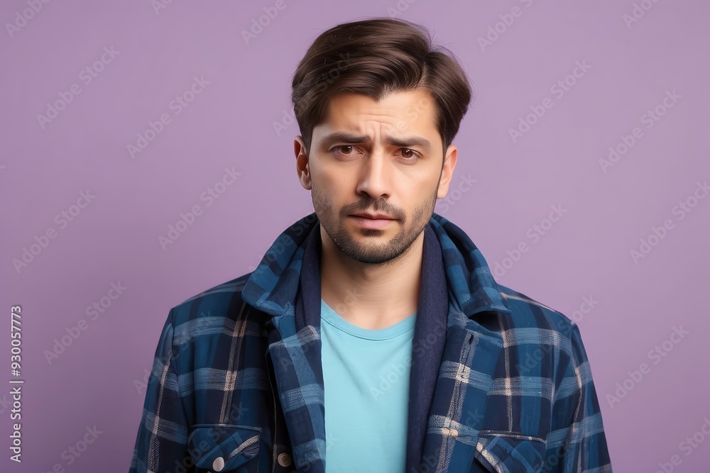 Young Man with Serious Expression in Plaid Shirt Young Man with Serious Expression in Plaid Shirt