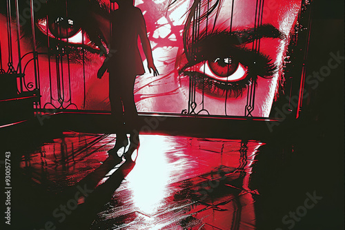 Silhouette of a woman with intense red lighting and large eyes in the background photo