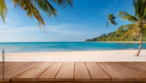 empty wooden tabletop providing space for product placement against idyllic tropical beach scene