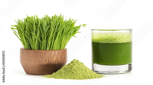 Wheat Grass Powder and Fresh Juice on White Background