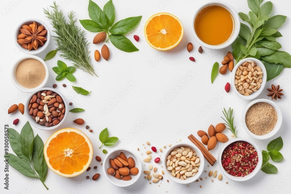 A White Background with Ingredients Arranged in a Circle A White Background with Ingredients Arranged in a Circle