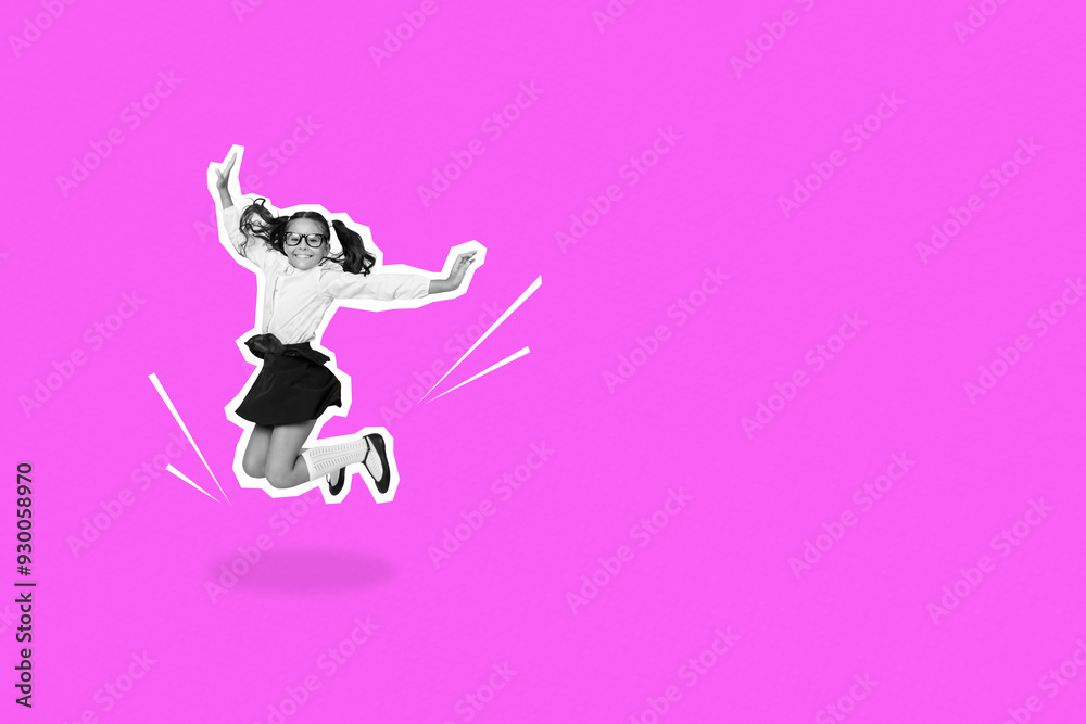 Composite photo collage of excited cute schoolgirl jump back education september holiday class autumn isolated on painted background Composite photo collage of excited cute schoolgirl jump back education september holiday class autumn isolated on painted background
