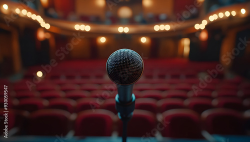 Wallpaper Mural A close-up view of a microphone in an empty theater, highlighting the stage's anticipation and drama. Torontodigital.ca