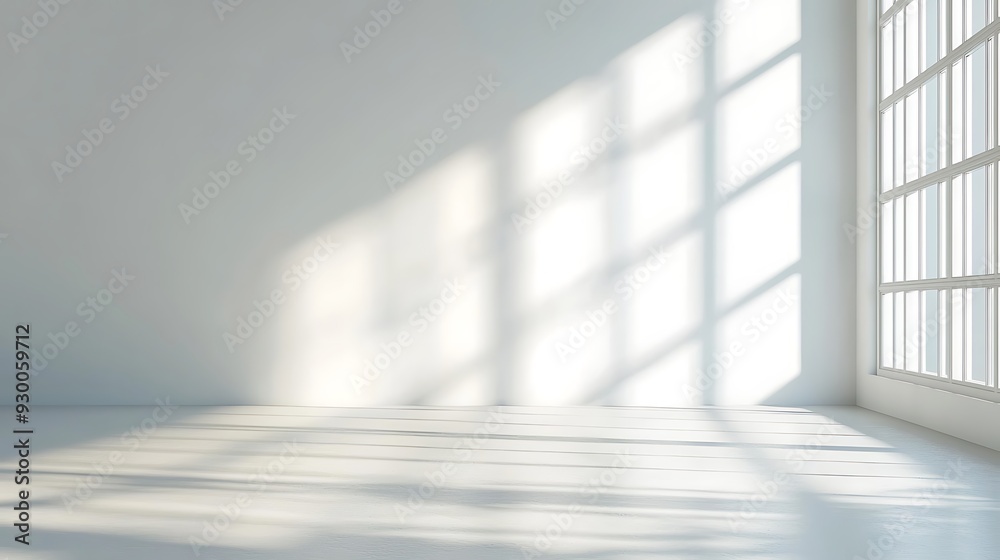 Fototapeta premium Abstract plain solid light studio background for product presentation. Empty room with shadows of window. Display product with blurred backdrop.