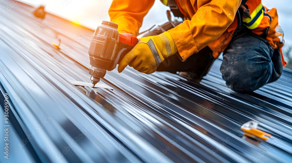 A contractor using a power drill on a metal roof, demonstrating construction work and safety equipment in action. A contractor using a power drill on a metal roof, demonstrating construction work and safety equipment in action.