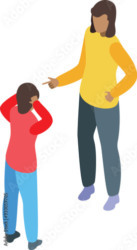 Woman is scolding a child who is covering their ears in an isometric illustration about family problems