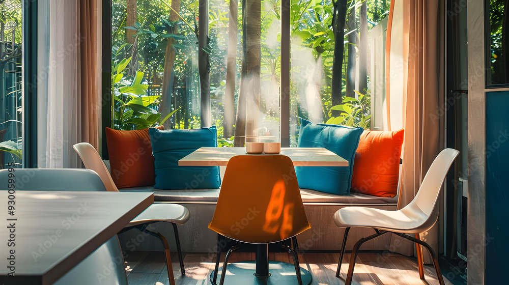 Fototapeta premium Modern Interior Design with Wooden Table and Chairs in Front of a Large Window with Green View Photo