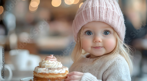 A cute baby girl with blue eyes wearing a pink hat enjoys a delicious cupcake. Perfect for themes of childhood and desserts. photo