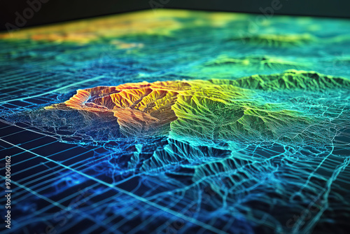 Technical aerial visual, 3D LiDAR GIS aerial map satellite scan model isolated, showing Clovis,  California. Elevation, topography, render photo