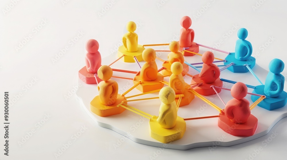 Obraz premium Colorful figurines connected in a network, representing collaboration and teamwork in a modern digital age.