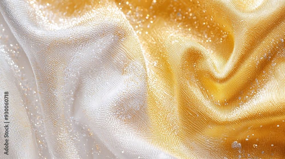 Abstract bubbles for dry cleaning service poster white and gold colors fabric weave of cotton or linen satin fabric lies texture background.