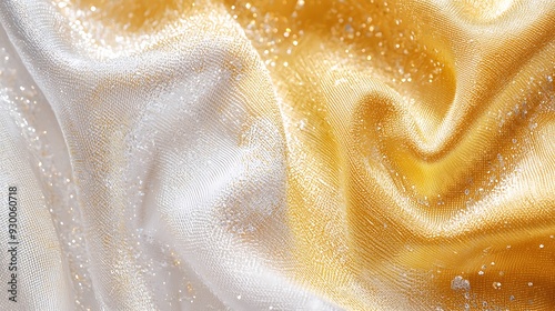 Abstract bubbles for dry cleaning service poster white and gold colors fabric weave of cotton or linen satin fabric lies texture background.