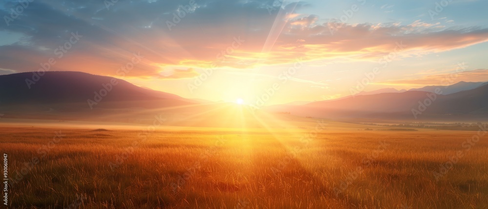 Sun sets over tall grass field, mountains & blue sky distance ..Or, for a more descriptive version:..Sun sets, casting long Sun sets over tall grass field, mountains & blue sky distance ..Or, for a more descriptive version:..Sun sets, casting long