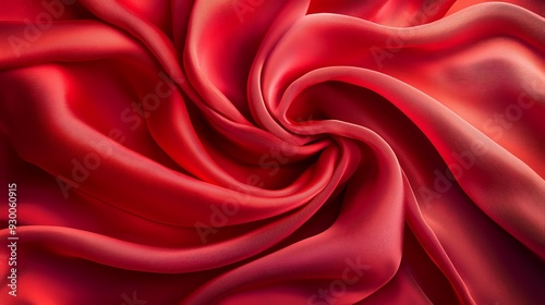 Abstract red velvet wave and swirls gradient satin fabric lies texture background.