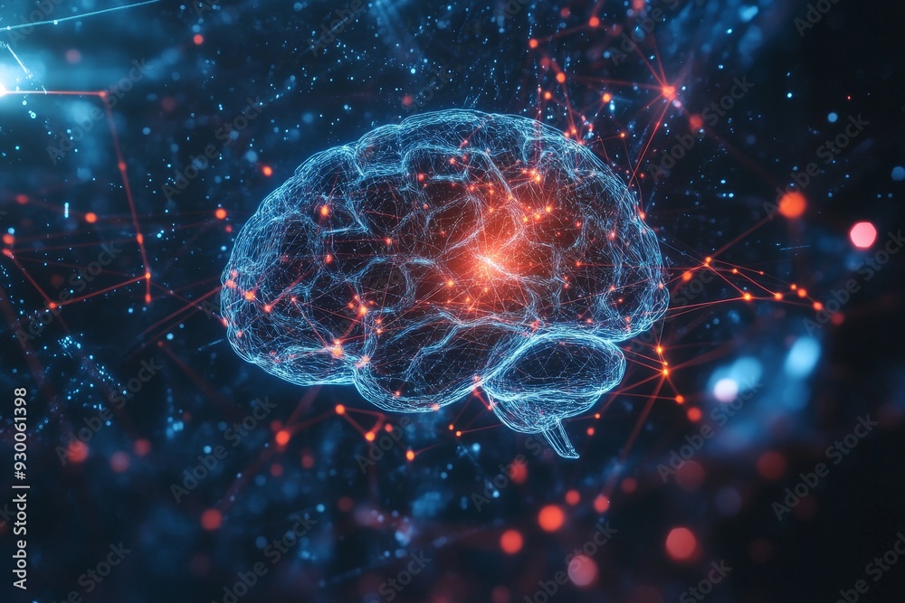 Holographic brain visualization with glowing blue connections and red energy points, representing artificial intelligence and cognitive computing Holographic brain visualization with glowing blue connections and red energy points, representing artificial intelligence and cognitive computing
