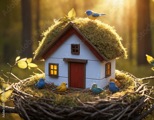 toy house inside a nest with a bird