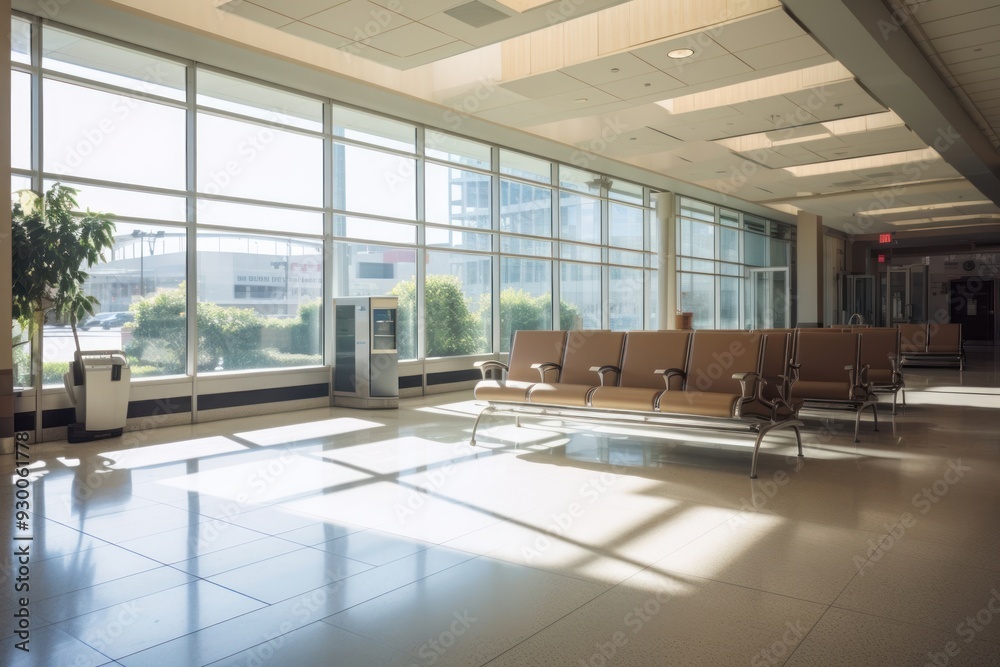 Fototapeta premium Empty airport terminal waiting area lounge architecture furniture building.