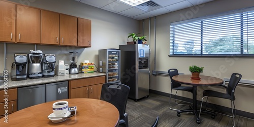 Contemporary Office Break Room Featuring Coffee Machine, Snacks, and Stylish Furniture Perfect Space for Employee Breaks and Workplace Productivity